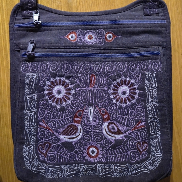 Purple Bird Embroidered Crossbody Bag with Matching Wallet - Picture 1 of 8